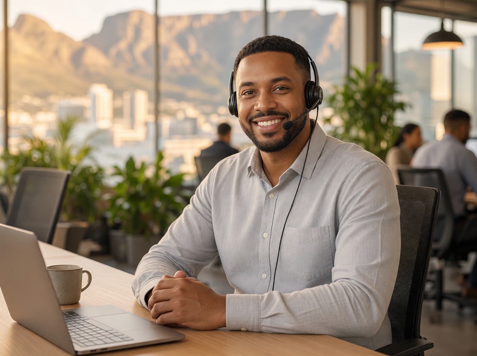 Professional wearing a headset at a desk, with Table Mountain behind