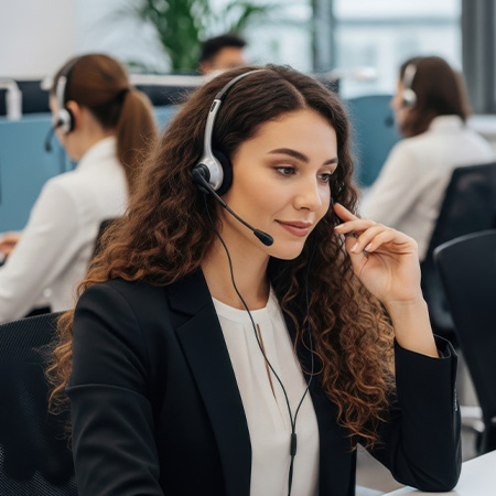 a focused female call center agent wearing a headset working in a modern office environment with colleagues engaged in communication showcasing effective customer support skills and teamwork with 5 key strategies for success