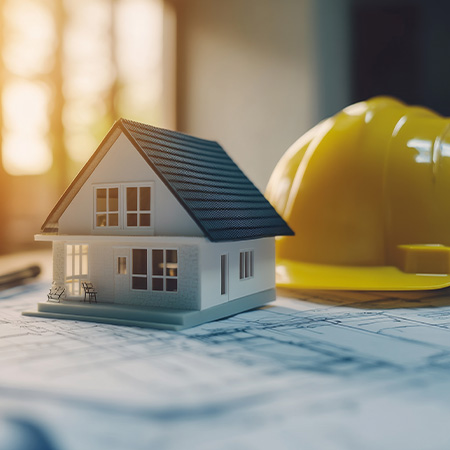 model house with construction helmet on blueprints three construction tools