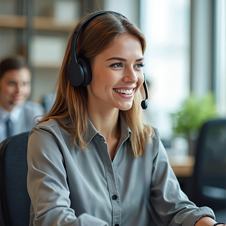 smiling woman wearing headset in office environment providing customer support and engagement related to 9 solutions